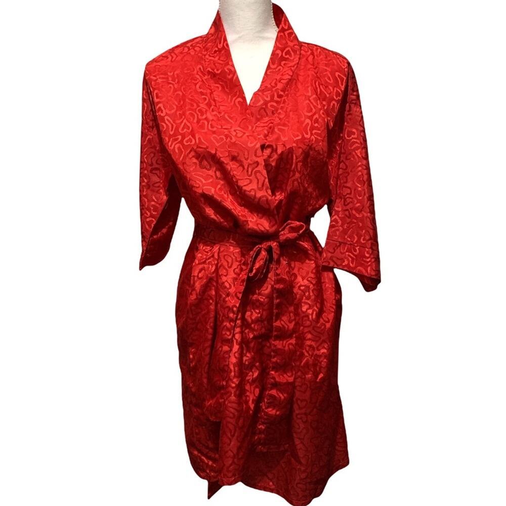 Vintage Gabrielle Intimates Shorty Red Ghost Heart  Damask Print Robe‎ MED